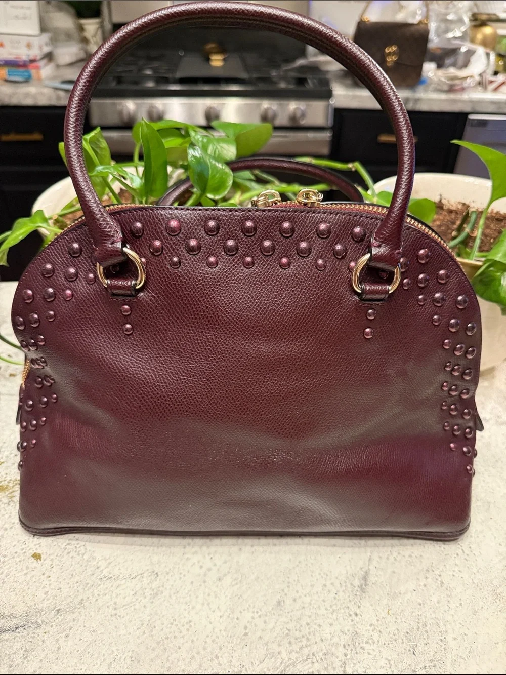 COACH Burgundy Studded Dome Satchel with Gold Hardware - Picture 2 of 13